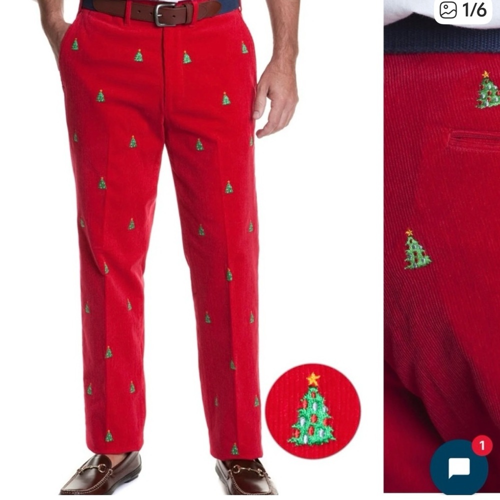 NWOT Men J. McLaughlin Red Corduroy Christmas Tree Embroidered Pants Size 33x35
